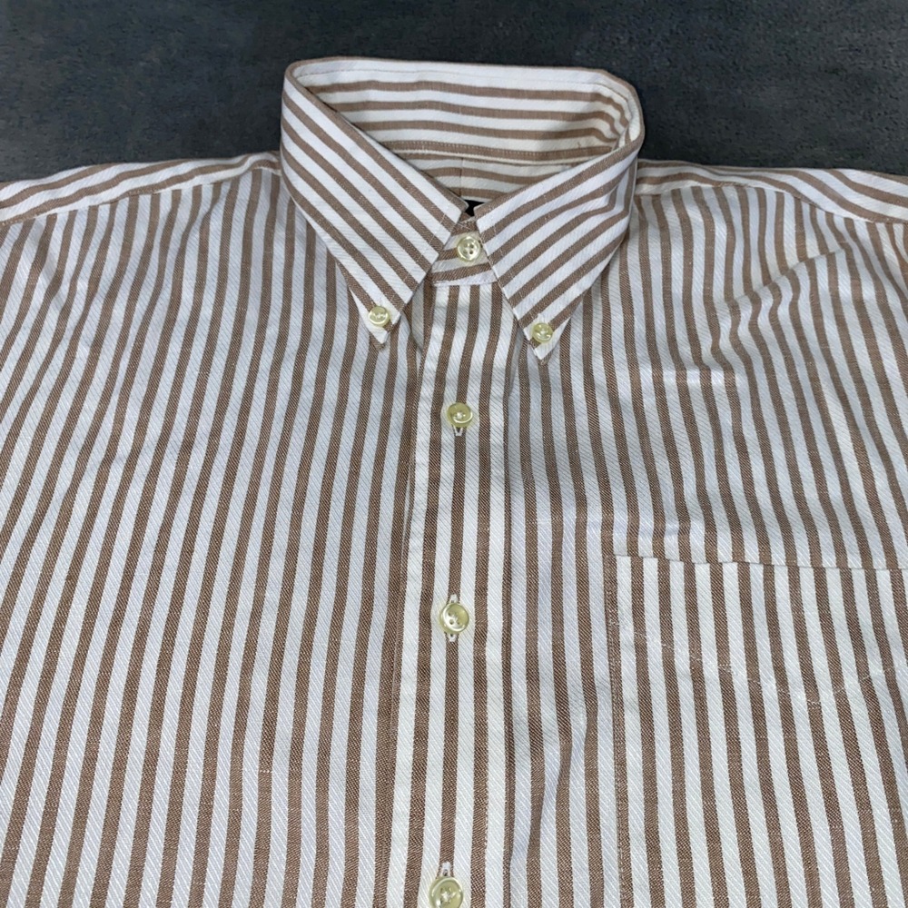 Jos A Bank Button Down Men L Tan Striped Travelers Collection 100% Linen Coastal - Picture 3 of 8